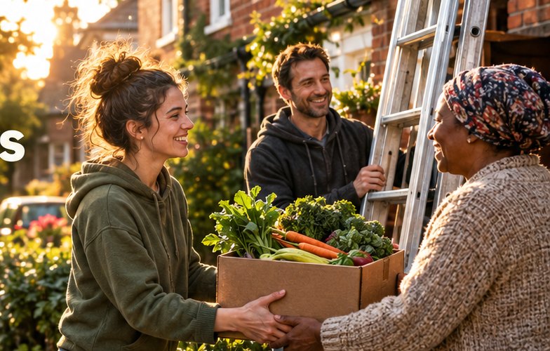 Neighbours handing over a box of vegetables on a sunny street